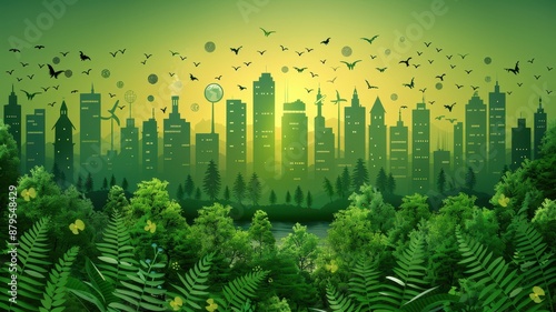 Illustration of a green city skyline with lush foliage, birds flying, and a sunrise in the background symbolizing eco-friendly urban living. © Ai-Pixel