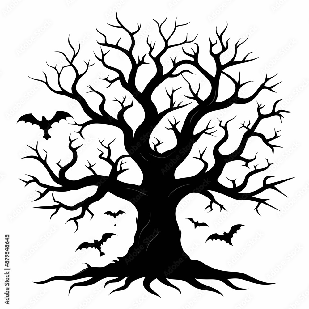 Gothic tree vector illustration, Halloween tree vector art, tree silhouette, tree with roots Gothic tree vector illustration, Halloween tree vector art, tree silhouette, tree with roots