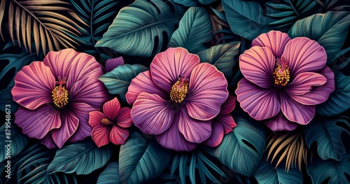 Wallpaper Mural Vibrant Pink Flowers in a Tropical Jungle Torontodigital.ca