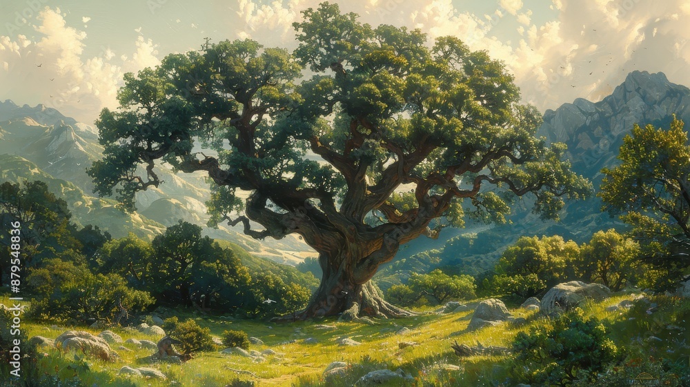 Obraz premium A majestic, ancient tree stands tall in a serene landscape, surrounded by lush greenery and distant mountains under a partly cloudy sky.