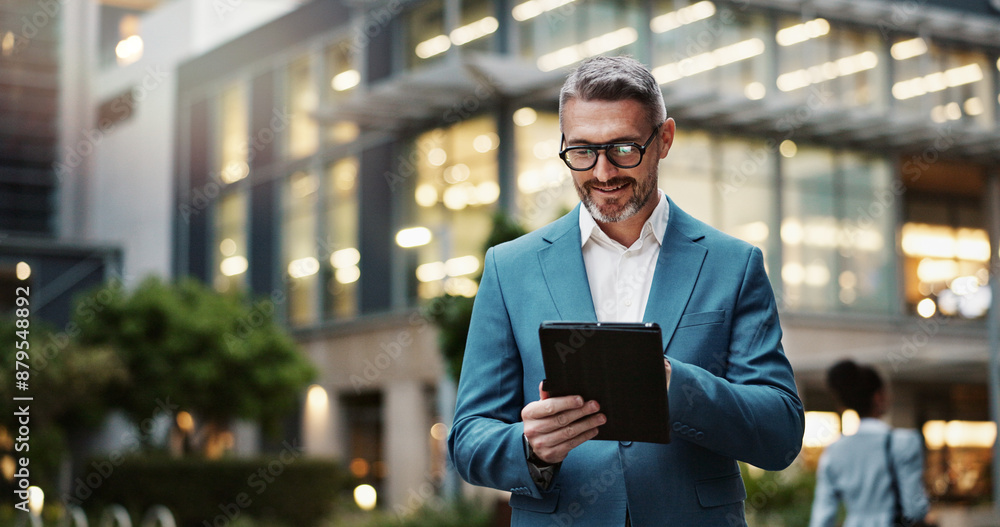 © peopleimages.com - Mature, business and man with tablet outdoor for communication, research and typing email on website. Professional, male manager and digital for networking, contact and task management in urban city