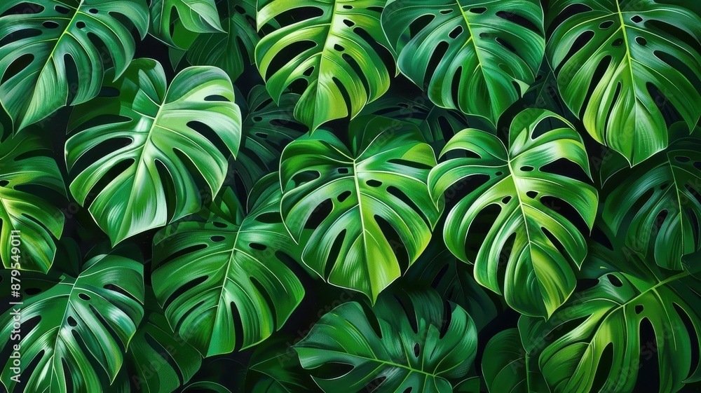 A lush arrangement of Monstera leaves creating a vibrant green pattern, perfect for nature, tropical, and botanical themes. A lush arrangement of Monstera leaves creating a vibrant green pattern, perfect for nature, tropical, and botanical themes.