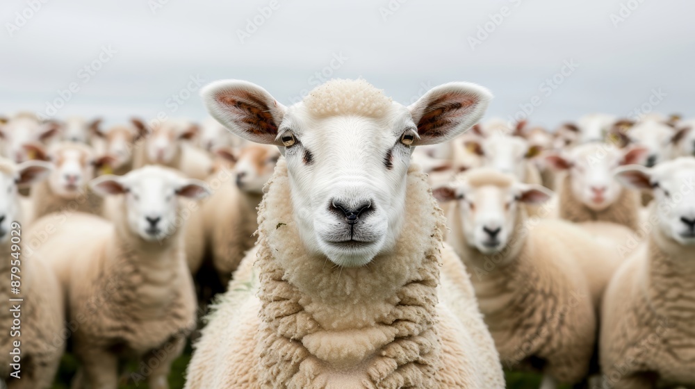 A vibrant and sharp photo of a white sheep amidst a flock in a pastoral countryside setting, focus cover all object A vibrant and sharp photo of a white sheep amidst a flock in a pastoral countryside setting, focus cover all object