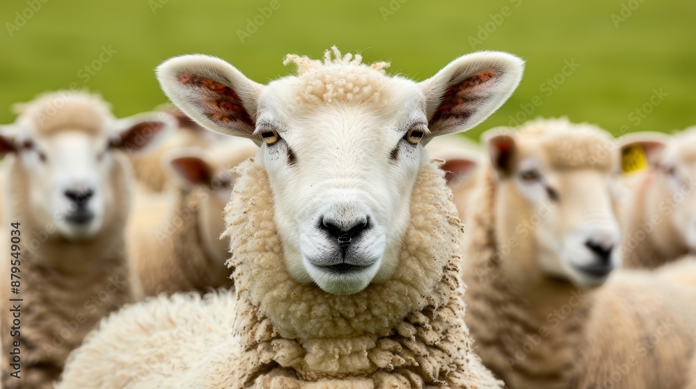 A vibrant and sharp photo of a white sheep amidst a flock in a pastoral countryside setting, focus cover all object A vibrant and sharp photo of a white sheep amidst a flock in a pastoral countryside setting, focus cover all object