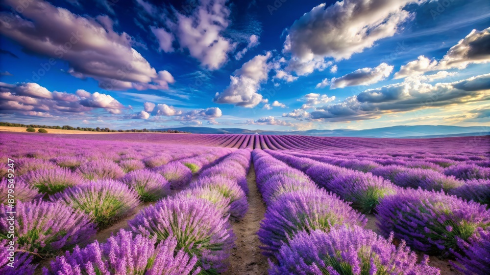 Fototapeta premium Vibrant purple lavender fields stretch towards the horizon under a clear blue sky with a few wispy white clouds.