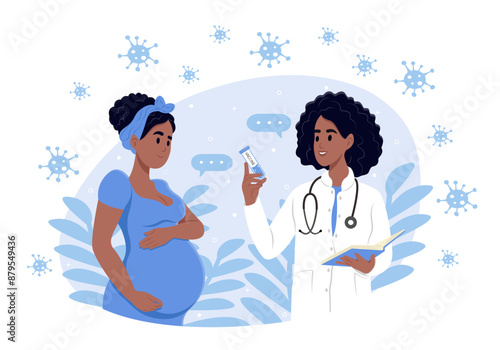 Immunization awareness month. African-American doctor gives a vaccine injection to a young pregnant woman in a medical center. The expectant mother is vaccinated against the virus.