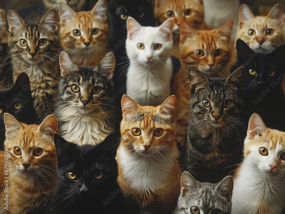 A Crowd of Domestic Cats Looking Directly at the Camera A Crowd of Domestic Cats Looking Directly at the Camera