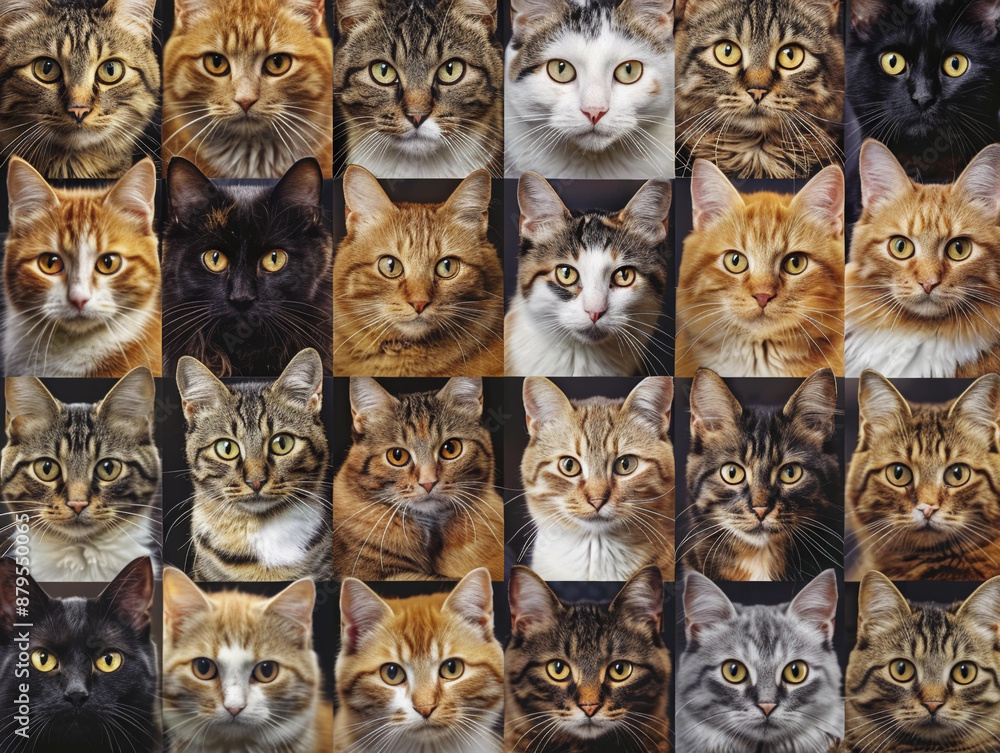 Fototapeta premium A Collection of Domestic Cats Posing for a Portrait in a Grid Arrangement