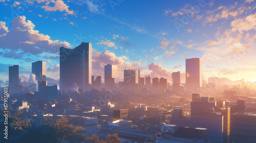 Vibrant Anime-Style Cityscape in High Definition Morning Light #879550035