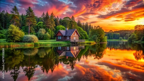 Wallpaper Mural Serene isolated cottage surrounded by lush greenery reflected in calm lake waters under vibrant orange pink sunset sky. Torontodigital.ca