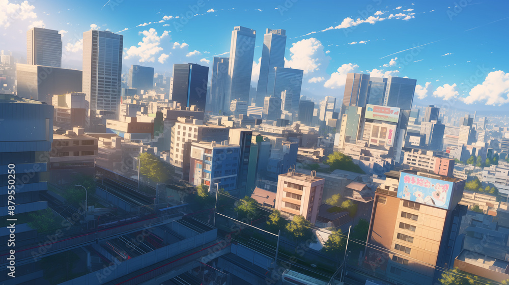 Obraz premium Vibrant Anime-Style Cityscape at Dawn in High Definition
