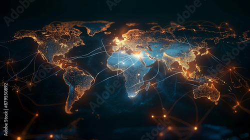 Abstract world map, global network and connectivity, international data transfer, cyber technology, worldwide business, hacking, data engineering