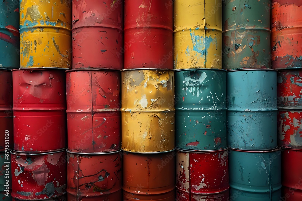 Rustic and colorful stacked oil drums, showcasing their aged texture and industrial charm. Perfect for themes of industry, recycling, and vintage design. Rustic and colorful stacked oil drums, showcasing their aged texture and industrial charm. Perfect for themes of industry, recycling, and vintage design.