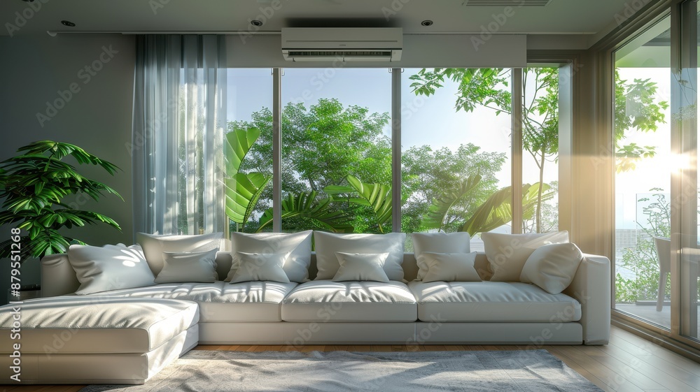 Modern living room with large windows showcasing a lush outdoor view. Elegant decor with green plants and cozy seating. Modern living room with large windows showcasing a lush outdoor view. Elegant decor with green plants and cozy seating.