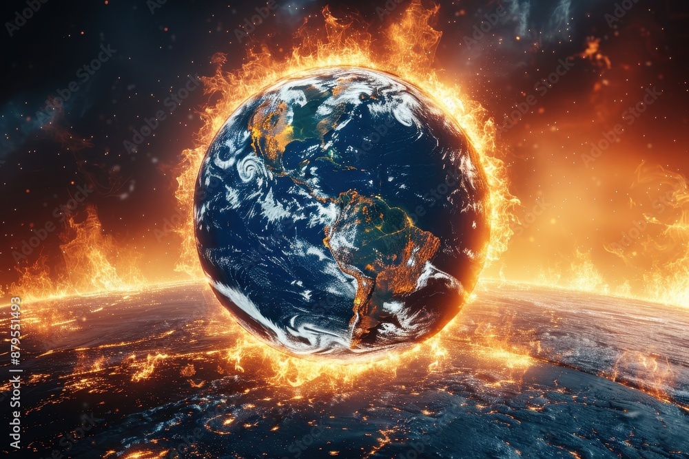 Striking depiction of a burning Earth surrounded by flames, highlighting the concept of global warming and environmental crisis. Striking depiction of a burning Earth surrounded by flames, highlighting the concept of global warming and environmental crisis.