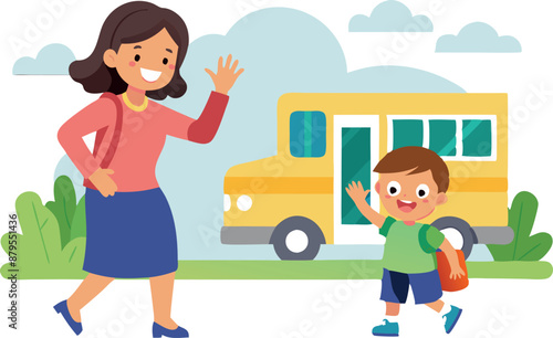 Mother and Son Waving Goodbye Near School Bus
