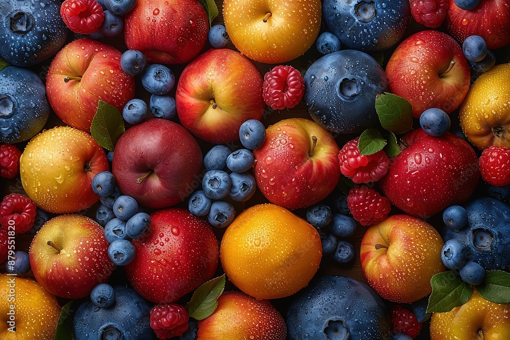 A close up of a variety of fruits including apples, oranges, and blueberries A close up of a variety of fruits including apples, oranges, and blueberries