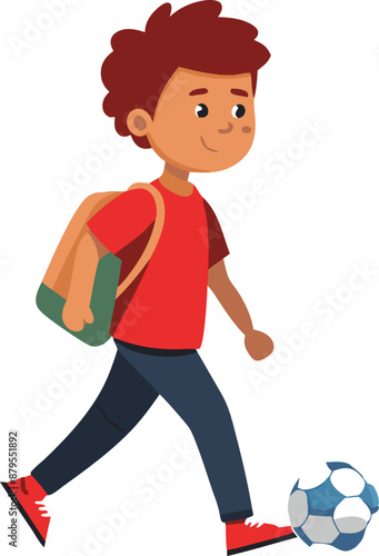 Young boy with backpack kicking a soccer ball while walking
