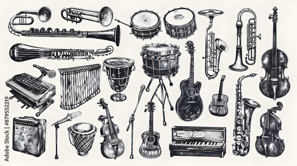 Obraz premium Curated Collection of Hand Drawn Vintage Musical Instruments in Monochrome