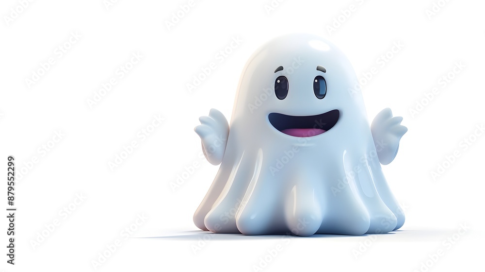 Cute and Friendly 3D Ghost Character with Simple Minimal Design on White Background Cute and Friendly 3D Ghost Character with Simple Minimal Design on White Background