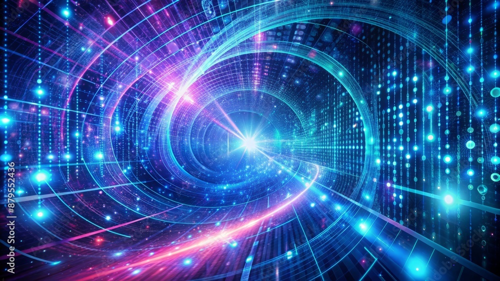 Vibrant abstract futuristic cyberspace wallpaper featuring swirling binary code and digital matrix patterns in neon blue and purple hues. Vibrant abstract futuristic cyberspace wallpaper featuring swirling binary code and digital matrix patterns in neon blue and purple hues.