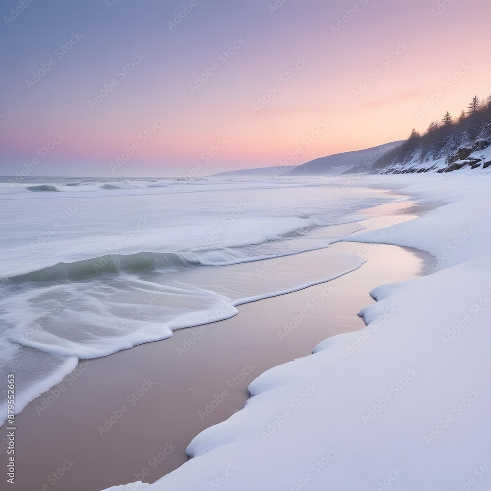 Tranquil snow-kissed beach at dusk, with soft pastel hues in the sky and gentle waves lapping at the icy shore Tranquil snow-kissed beach at dusk, with soft pastel hues in the sky and gentle waves lapping at the icy shore