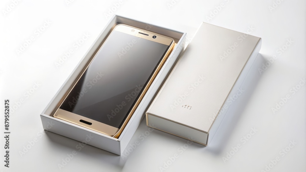 Luxurious white background showcases sleek modern smartphone in original packaging, highlighting cutting-edge design and premium product allure. Luxurious white background showcases sleek modern smartphone in original packaging, highlighting cutting-edge design and premium product allure.
