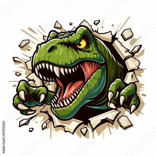vector hand drawn t-rex roars out from torn paper illlustration