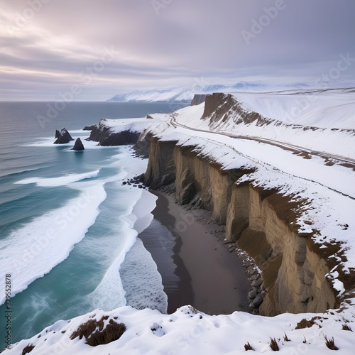 Snow-capped coastal cliffs overlooking a pristine, snow-covered beach