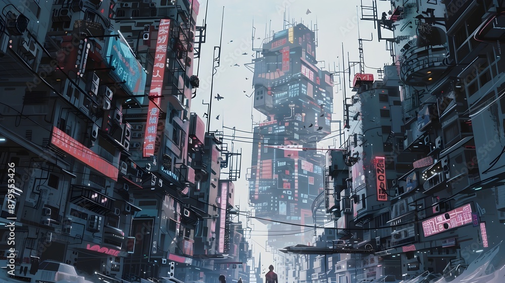 Dystopian City Skyline with Futuristic Neon Skyscrapers and Illuminated Streets Dystopian City Skyline with Futuristic Neon Skyscrapers and Illuminated Streets