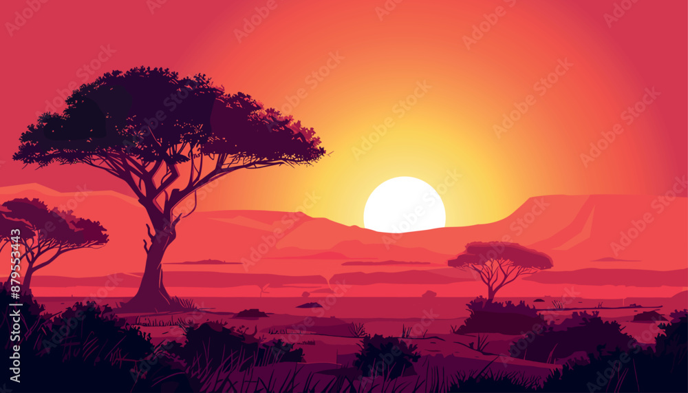 African savannah sunset landscape. Safary background. Bright scenery with acacia trees and red sky. Cartoon flat style African savannah sunset landscape. Safary background. Bright scenery with acacia trees and red sky. Cartoon flat style