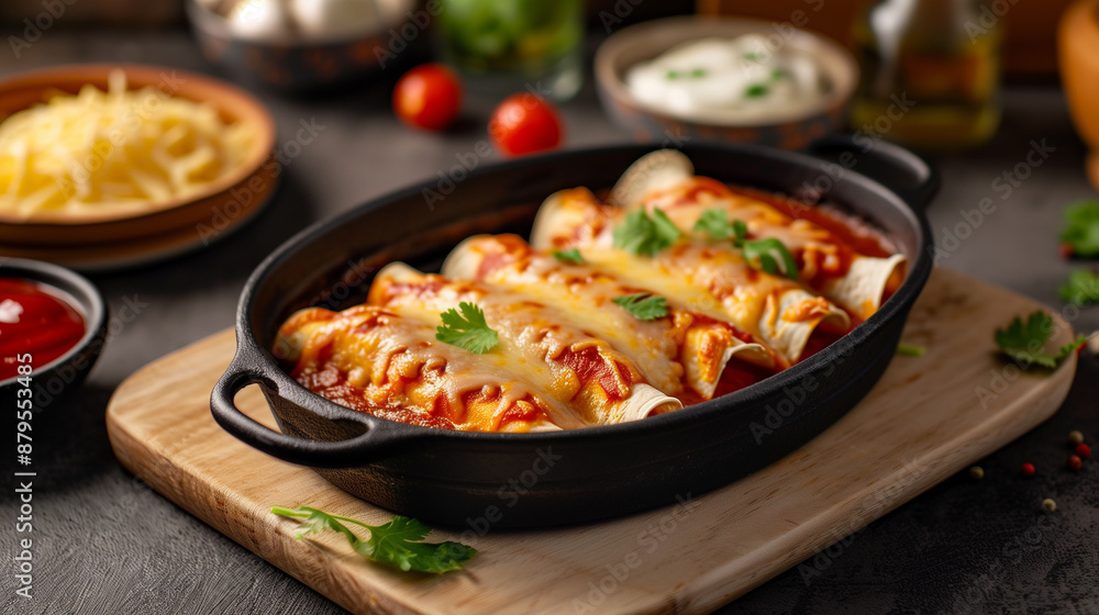 Enchiladas in a black cast iron dish, baked to perfection, topped with melted cheese and red sauce, garnished with fresh cilantro and surrounded by various toppings. Enchiladas in a black cast iron dish, baked to perfection, topped with melted cheese and red sauce, garnished with fresh cilantro and surrounded by various toppings.