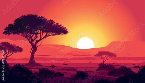 African savannah sunset landscape. Safary background. Bright scenery with acacia trees and red sky. Cartoon flat style