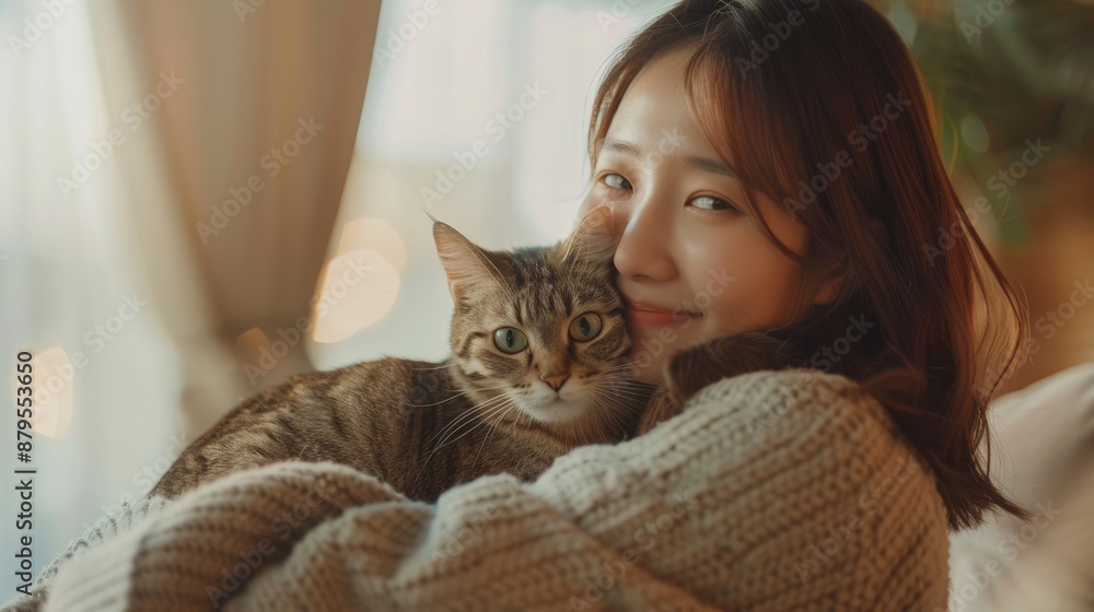 Happy Asian woman playing with her cute cat at home, warm living room with soft lighting, playful and joyful atmosphere Happy Asian woman playing with her cute cat at home, warm living room with soft lighting, playful and joyful atmosphere