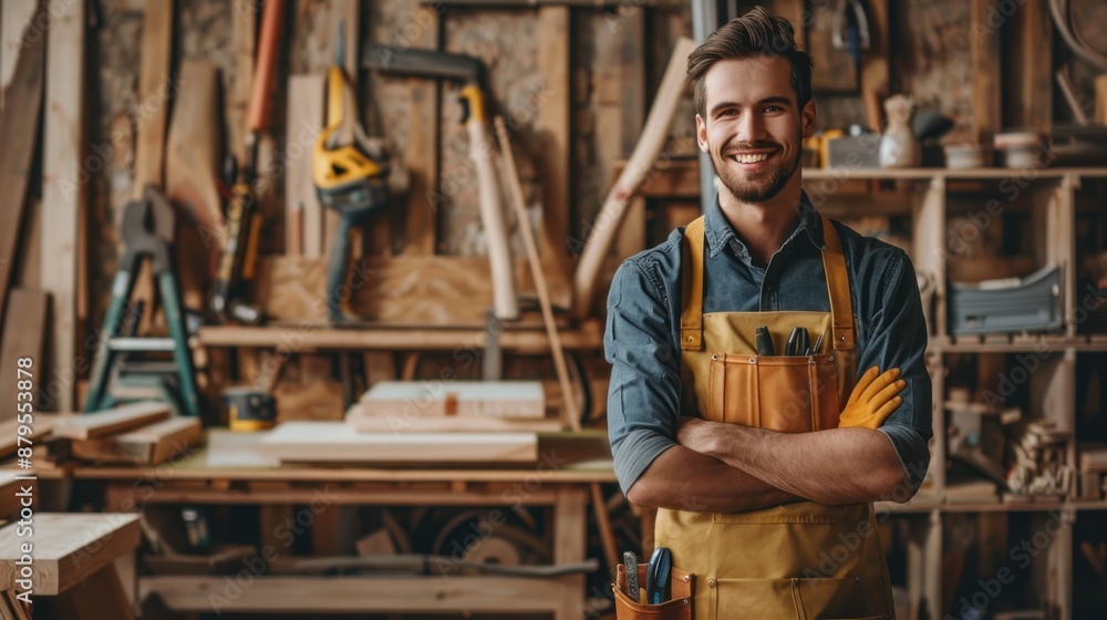 portrait of A handsome young carpenter wearing an apron standing in his workshop with arms crossed, and looking at the camera with a smile, copy space for text banner. portrait of A handsome young carpenter wearing an apron standing in his workshop with arms crossed, and looking at the camera with a smile, copy space for text banner.