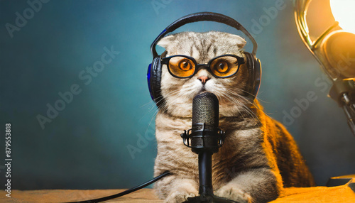 cat with glasses doing a podcast photo