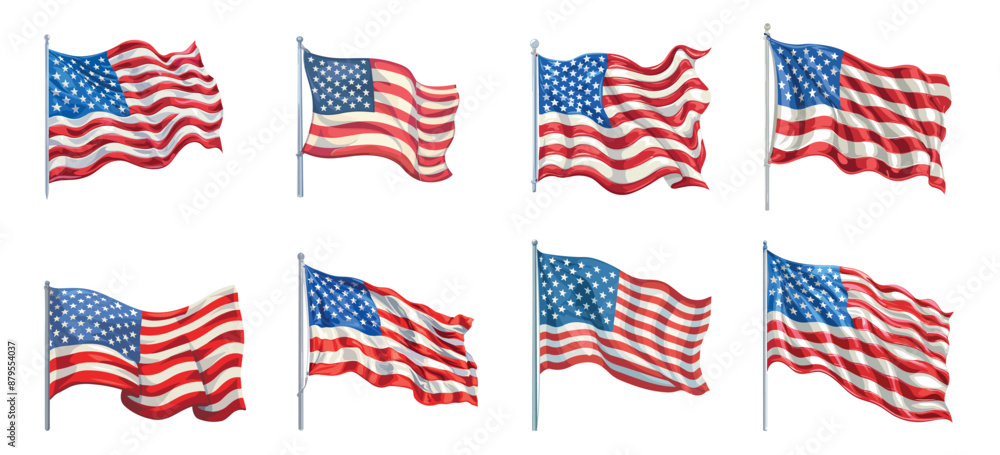 American flags set. Flag flutter in the wind. Patriotic 4th of July design element. National day isolated vector on white background collection American flags set. Flag flutter in the wind. Patriotic 4th of July design element. National day isolated vector on white background collection