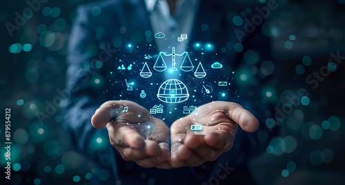 Hands presenting a glowing digital icon of scales of justice and a globe, symbolizing law and global connectivity. Ideal for themes of legal technology, justice, and international law. photo