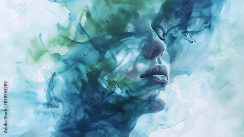 Abstract watercolor portrait with blended colors in blue and green