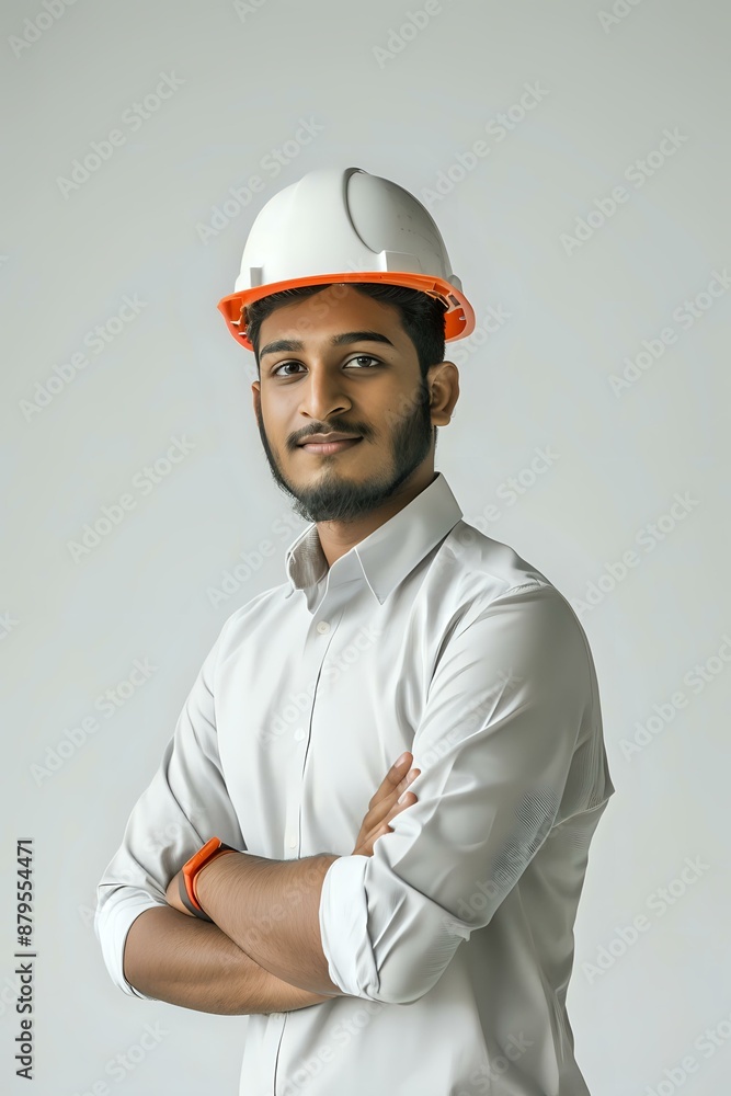 Portrait of a confident young engineer in a white shirt and safety helmet, with arms crossed. Ideal for themes of engineering, construction, and professional industry roles. Portrait of a confident young engineer in a white shirt and safety helmet, with arms crossed. Ideal for themes of engineering, construction, and professional industry roles.