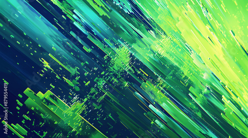 Chaotic abstract background with jagged glitchy lines in neon green and electric blue