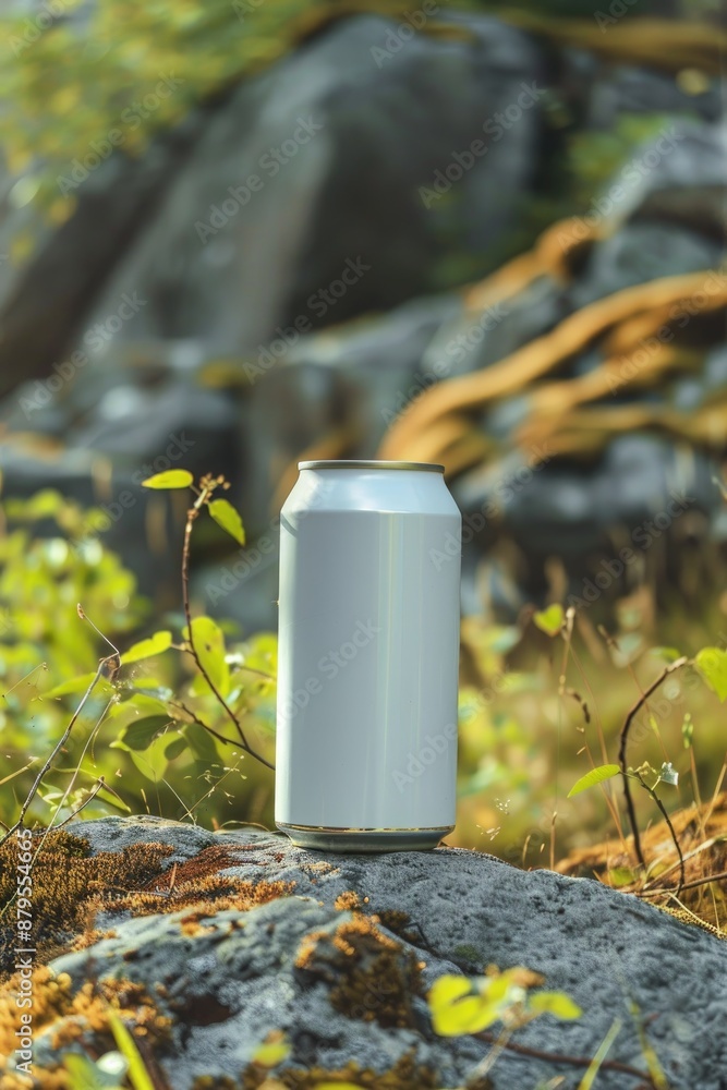 Fototapeta premium Eco-Friendly Beverage Can in Sunlit Forest Natural Setting