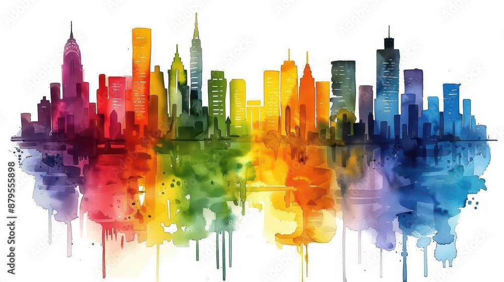 Obraz premium Colorful watercolor cityscape with vibrant hues reflecting urban architecture. Abstract skyline art illustrating the beauty of city life.