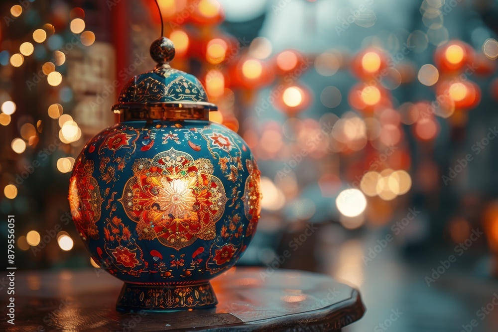 Vibrant oriental lantern with intricate patterns, illuminating a festive atmosphere in an outdoor evening market with bokeh lights. Vibrant oriental lantern with intricate patterns, illuminating a festive atmosphere in an outdoor evening market with bokeh lights.