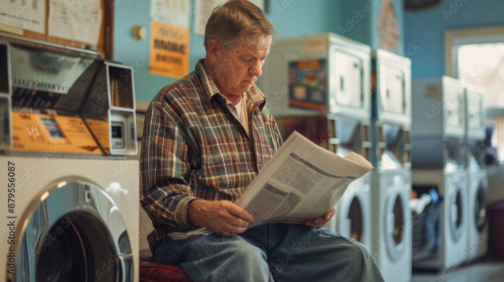 A man reading newspaper in the laundry room A man reading newspaper in the laundry room