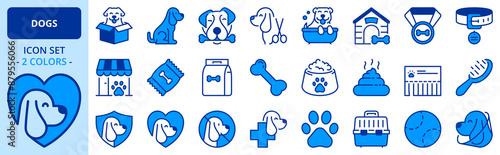 Icons in two colors about dogs. Pets.