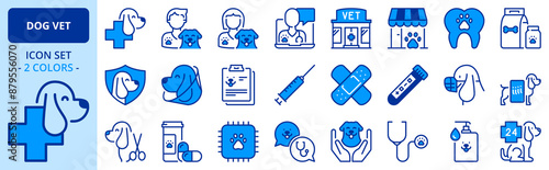 Icons in two colors about dogs and vet. Pets.