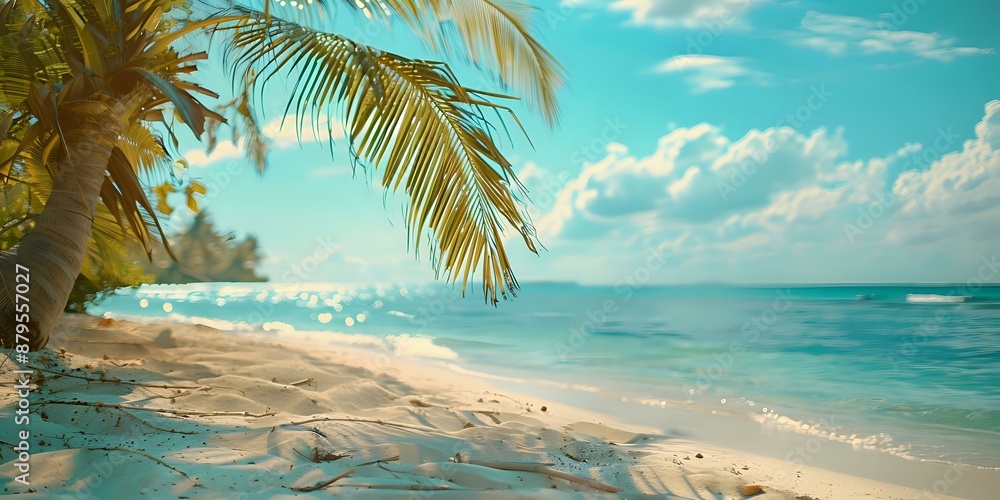 Naklejka premium Tropical beach with palm trees and clear blue water, perfect for travel agencies, vacation advertisements, and summer-themed designs.