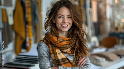 Wallpaper Mural A smiling young woman wearing a stylish plaid scarf stands confidently in a cozy, well-lit workshop. Ideal for lifestyle, fashion, and creative industry visuals. Torontodigital.ca