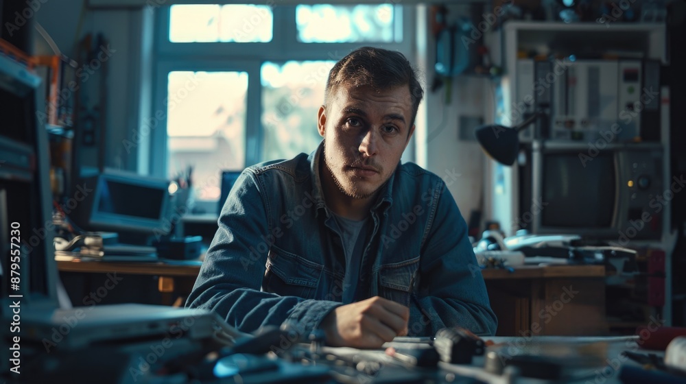 man sitting in a room with tools and computer man sitting in a room with tools and computer